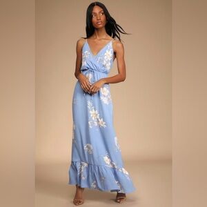 Lulus Endless Vacay Light Blue Floral Print Surplice Maxi Dress Size Medium
